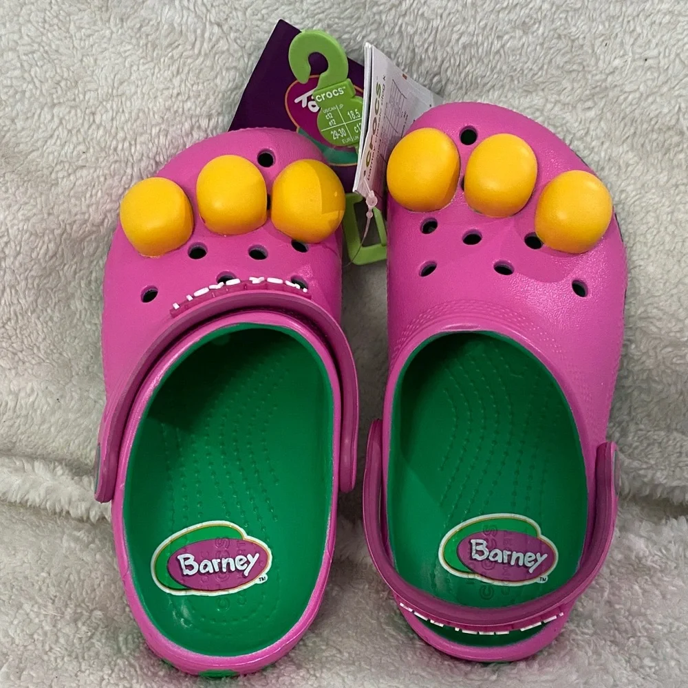 Crocs Kids Barney Clogs, Pink and Green